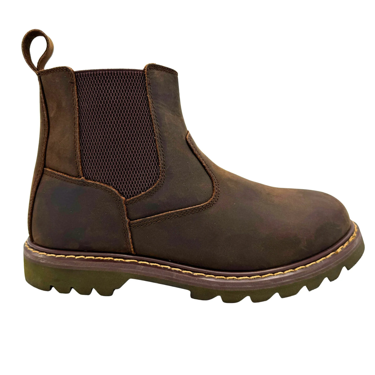9843- Aussie: Men's 6" Pull on Work Boot - Brown [soft toe, side zip]